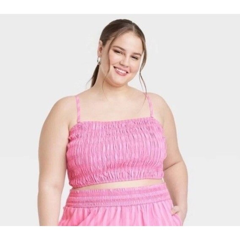 A New Day Pink Smocked Crop Top Women’s Size 4X Spaghetti Straps Striped NWT